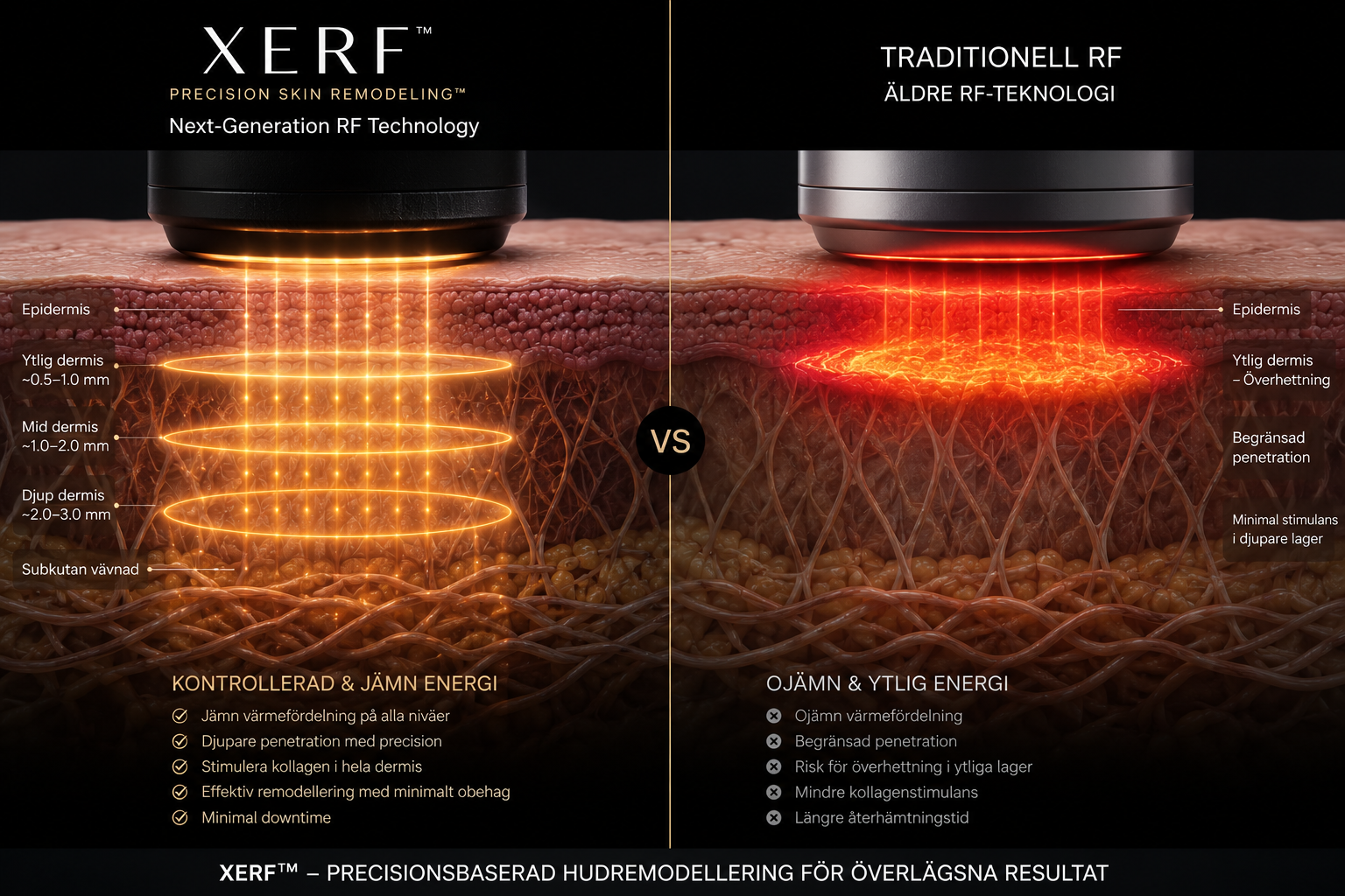 Jämförelsebild som visar skillnaden mellan modern XERF-radiofrekvens och äldre RF-teknik. Ena sidan visar jämnare, djupare och mer kontrollerad huduppstramning med XERF, medan den andra sidan visar mer ytlig och mindre precis värmefördelning från äldre RF-enheter.