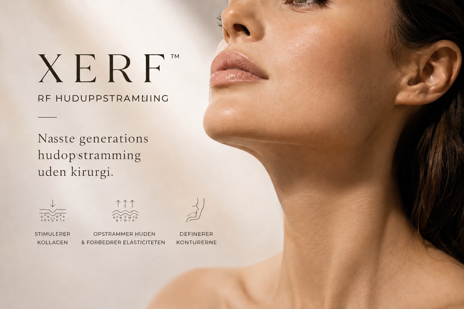 Kvinde med synligt kæbe- og halsområde efter ikke-kirurgisk hudopstramning med XERF RF-teknologi. Behandlingen stimulerer kollagenproduktionen, forbedrer hudens elasticitet og hjælper med at definere ansigtskonturerne. Moderne radiofrekvensbehandling til opstramning af ansigt og hals med naturlige resultater og minimal downtime.